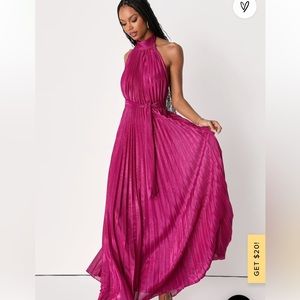 Everlasting Glow Shiny Magenta Pleated Halter Maxi Dress